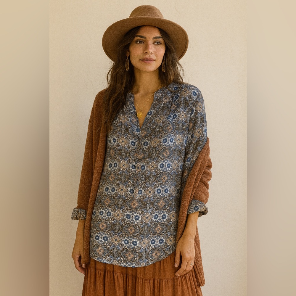 Adrienne Vittadini Blue and Brown Patterned Blouse